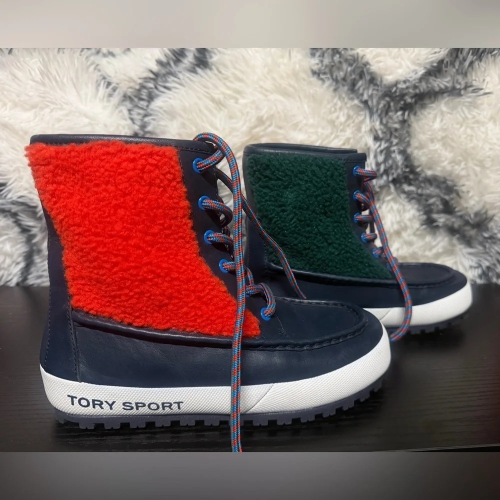 Tory Sport Leather Shearling  Boots in Navy/Red - Size 5M
